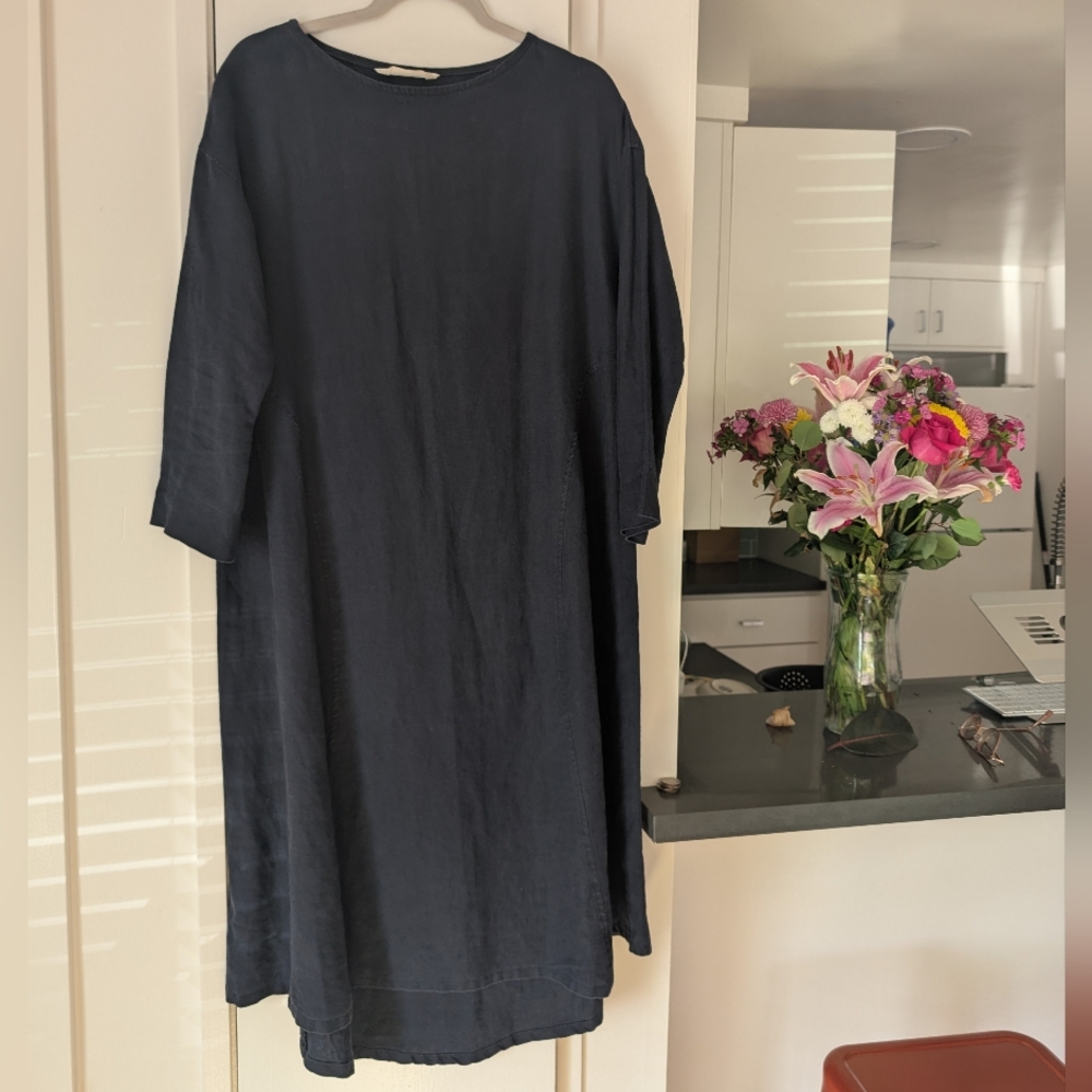 Elizabeth Suzann Women's Linen Deep Blue Fall Dress, Sz XS Baggy